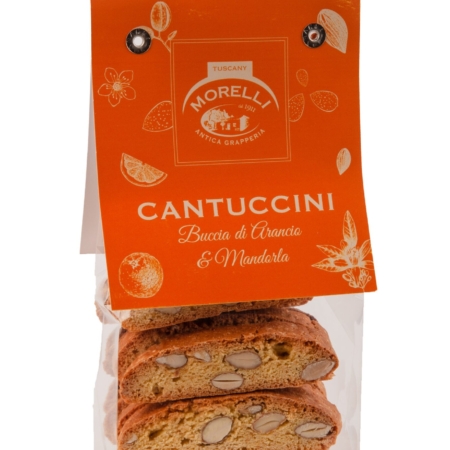 Cantuccini Morelli con buccia di arancia e mandorle in busta trasparente con etichetta arancione