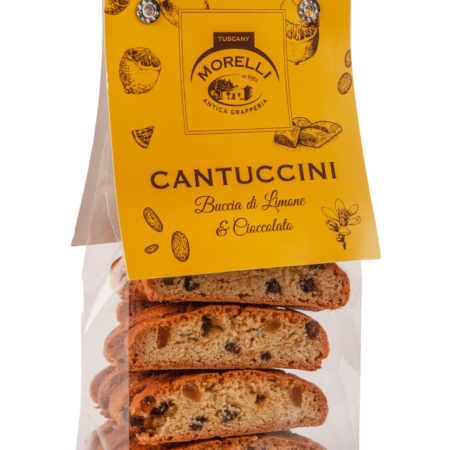 Cantuccini Morelli con buccia di limone e cioccolato in busta trasparente con etichetta gialla