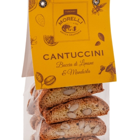 Cantuccini Morelli con buccia di limone e mandorle in busta trasparente con etichetta gialla